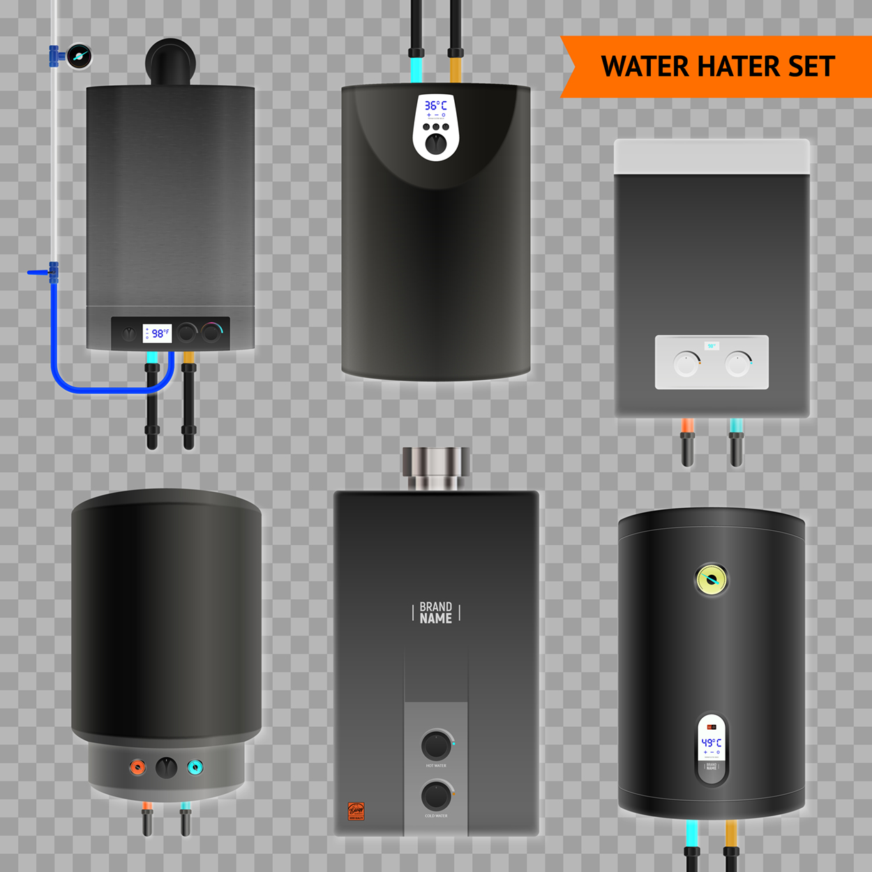 realistic electric water heater boiler transparent icon set